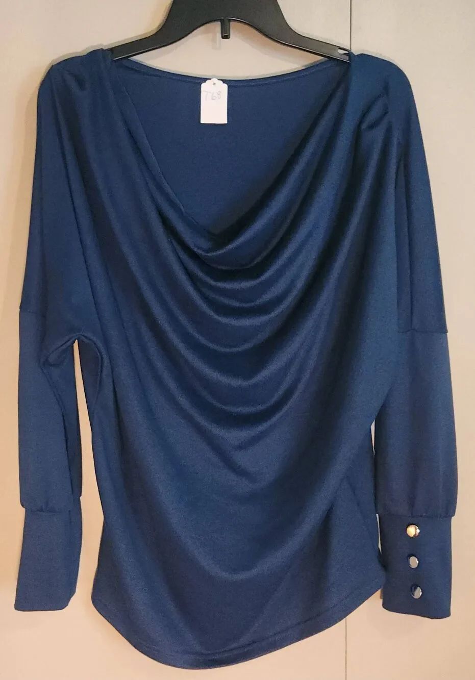 T68 Shein teal drape neck knit blouse long sleeved w gold buttons